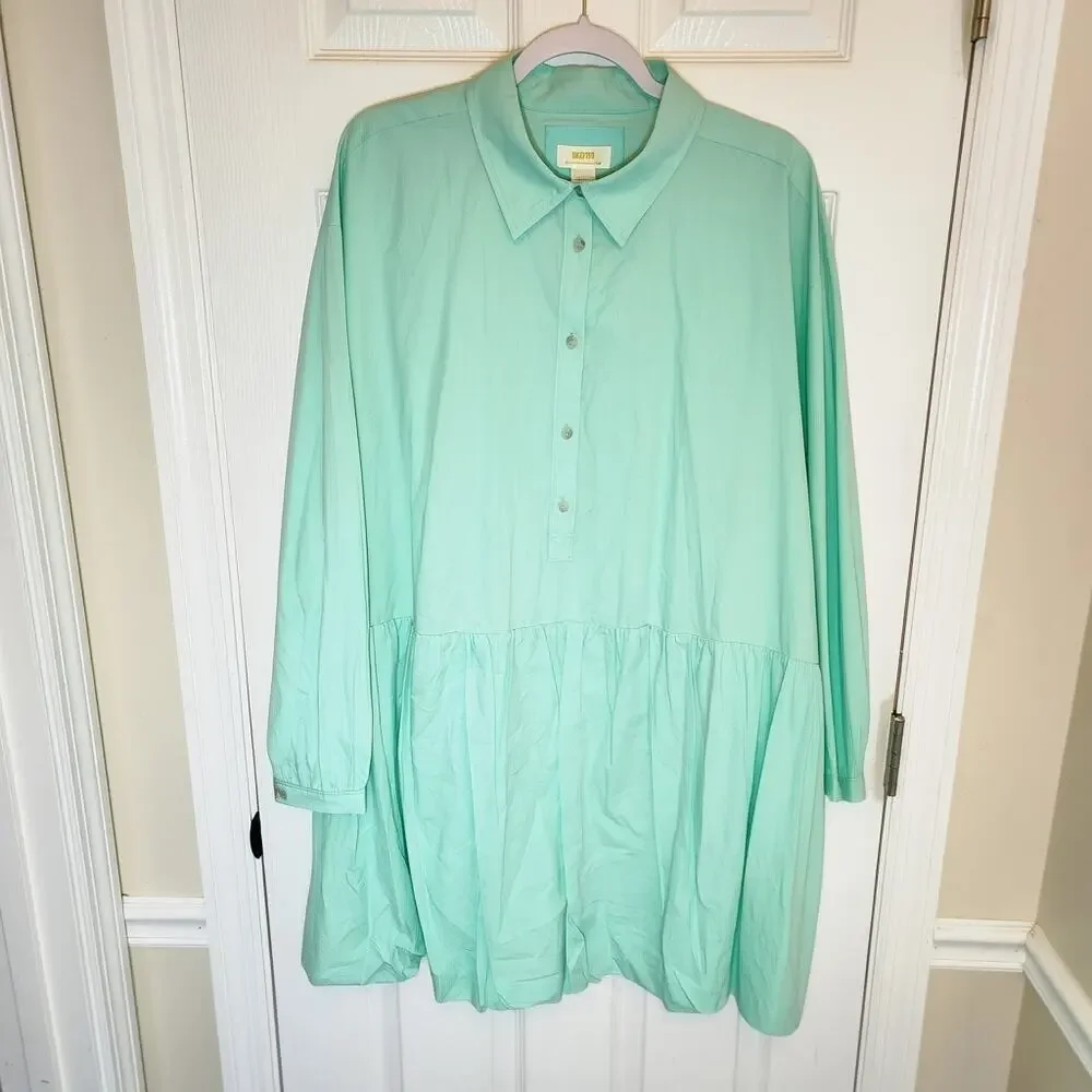 MAEVE by Anthropologie Size XL Mint Green 100% Cotton Tiered Popover Shirt Dress
